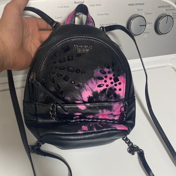 Victoria’s Secret small backpack book bag purse black and pink stud bedazzled - Picture 1 of 8
